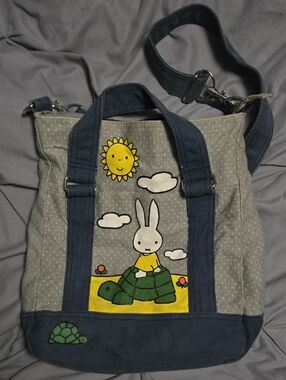 Y2K Miffy Gray and Navy Canvas Tote Bag with Turtle Patch